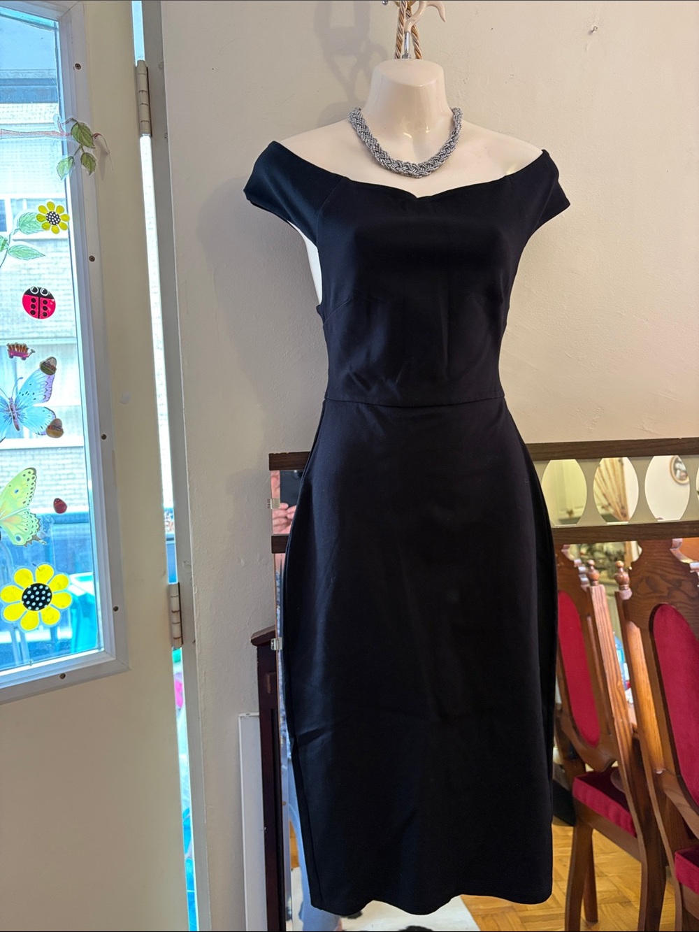 Talula Midnight Navy Off-the-Shoulder Midi Dress. Rayon